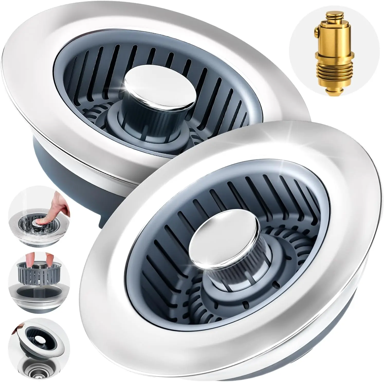 2 Pack 3 in1 Kitchen Sink Drain Strainer & Sink Stopper, Pop Up Stainless Steel Kitchen Drain Plug & Cover with Anti-Clogging Basket Strainer, Fit  Standard 3-1/2'' Drain Hole