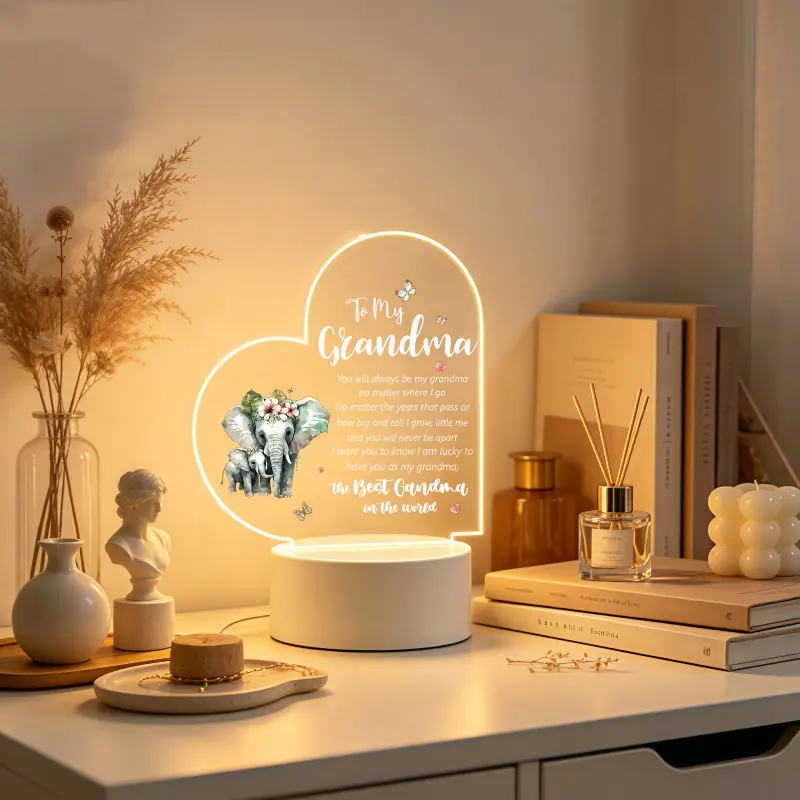 Heart Elephant Print Acrylic LED Night Light - Ambient Lighting Table Lamp with Inspirational Quote, LED Glow Decoration for Grandmother’s Special Occasions Gift, Sentimental Gifts