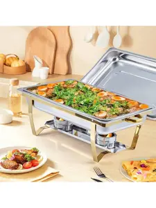 Gaomon Gold 8Qt Full Size Chafing Dishes Set of 2, Rectangular Stainless Steel Thermal Casserole Dish Buffet Servers with Foldable Frame, Temp Control Warmers, Lids, Pans & Bakeware Tray for Parties, Events