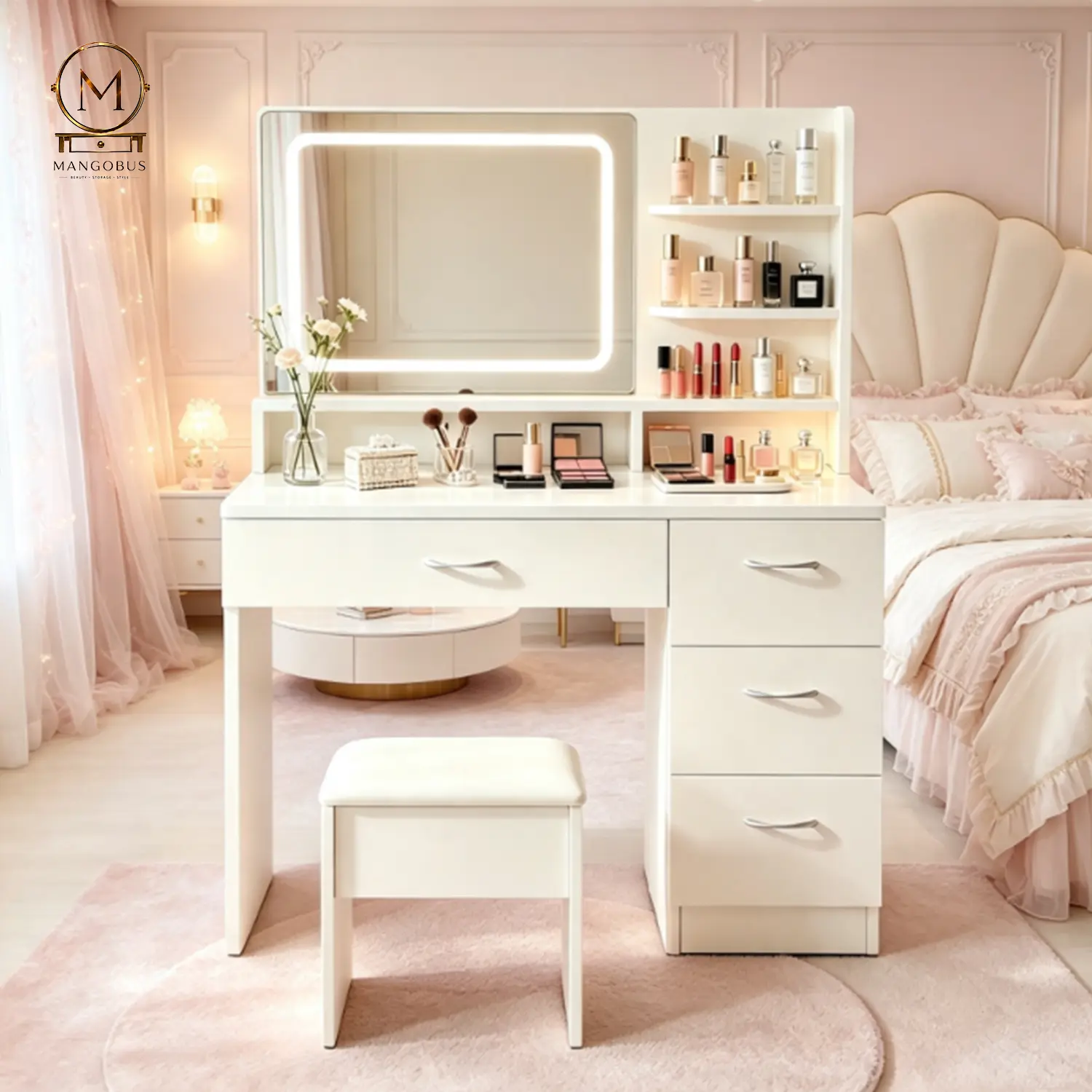 Minimalist White Compact Bedroom Lighted Vanity Desk Set with LED-Lit Mirror, Drawer Storage, Padded Stool, Sturdy Base, Suitable for Teens & Adults, Ideal for Home Dressing Rooms