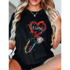 Women's 100% Cotton Crew Neck Watercolor T-Shirt, Lady's Nursing Top for Nurse Life & Nurse Week