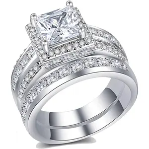 3Ct Princess Wedding Rings for Women Engagement Ring Set Bands 18k White Halo Cz Size 6-10