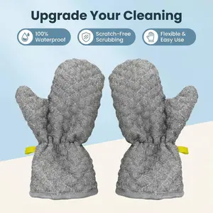 Dishwashing Gloves with Scrubber, Reusable Cleaning Gloves, Heat Resistant Kitchen Gloves for Washing Dishes, Household Cleaning, Bathroom, Car, Non-Slip, Washable, 1 Pair (Silver)