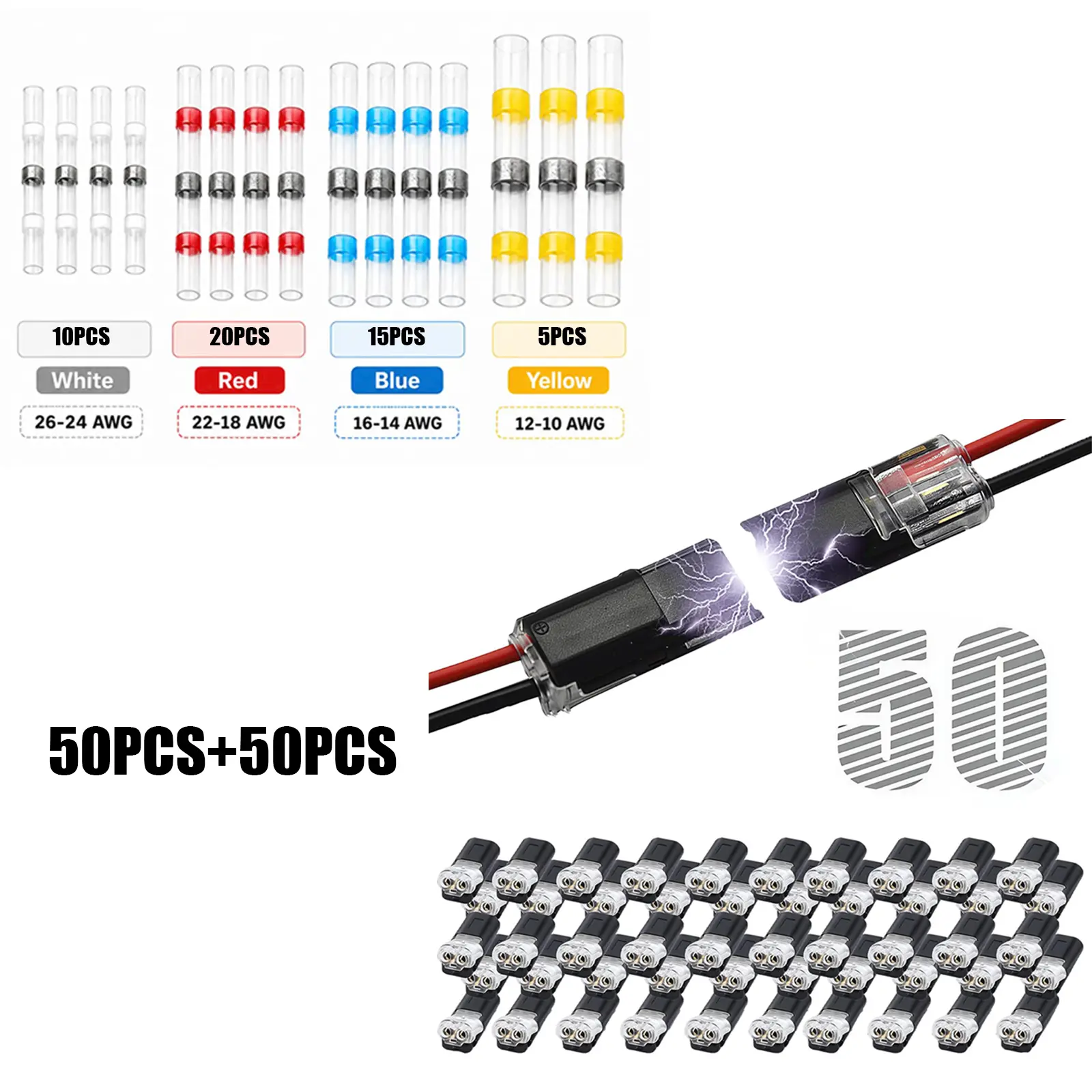 100PCS Automotive Wire Connector Set – No Crimp Quick Splice (18-22 AWG Black) & Solder Seal Waterproof Butt Connectors (12-10 AWG Yellow, 16-14 Blue, 22-18 Red, 26-24 White) for Car Audio Trailer Hitch, Home Appliance Repair & Splicing
