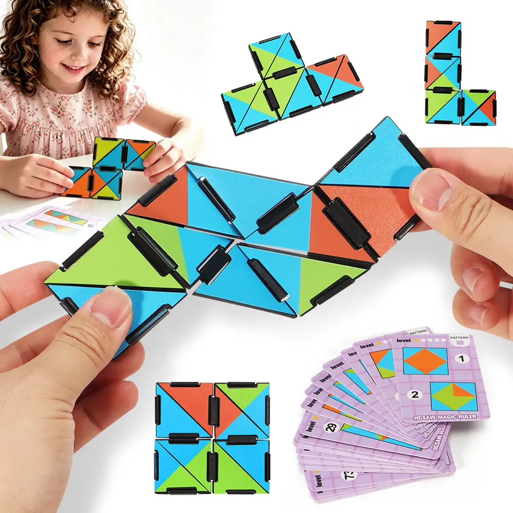 Snake Cube Geometry Logic Puzzle, 3D Brain Teaser Game with 25 Double-Sided Challenge Cards (100 Challenges), Educational Toy for Kids 8+ & Adults