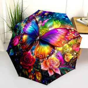 1 PC Automatic Folding Umbrella - Colorful Butterfly Garden Pattern, Portable & Foldable Design with 8 Ribs, Merry Christmas Pattern,Casual Outdoor Accessory Halloween and Christmas Birthday Gifts. F0048