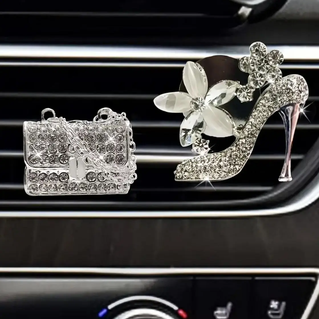 Car Air Outlet Decoration, 2 Counts/set High Heels & Bag Shaped Car Air Vent Ornament, Artificial Rhinestone Decor Car Interior Accessories