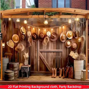 Western Cowboy Themed Background Cloth, Vintage Wooden House Wall Decor with Hats & String Lights, Perfect for Birthday Parties & Bar Decoration