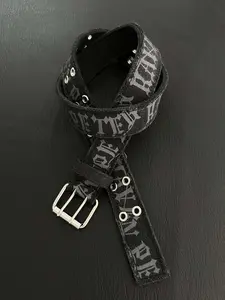 "Destroyed Denim" Punk Style Alphabet Printed Canvas Belt, Gothic Font Leather Belt, Unisex Niche Accessory, Durable Belts, Adjustable Belt, Punk Fashion Belt, Adjustable Waist Belt