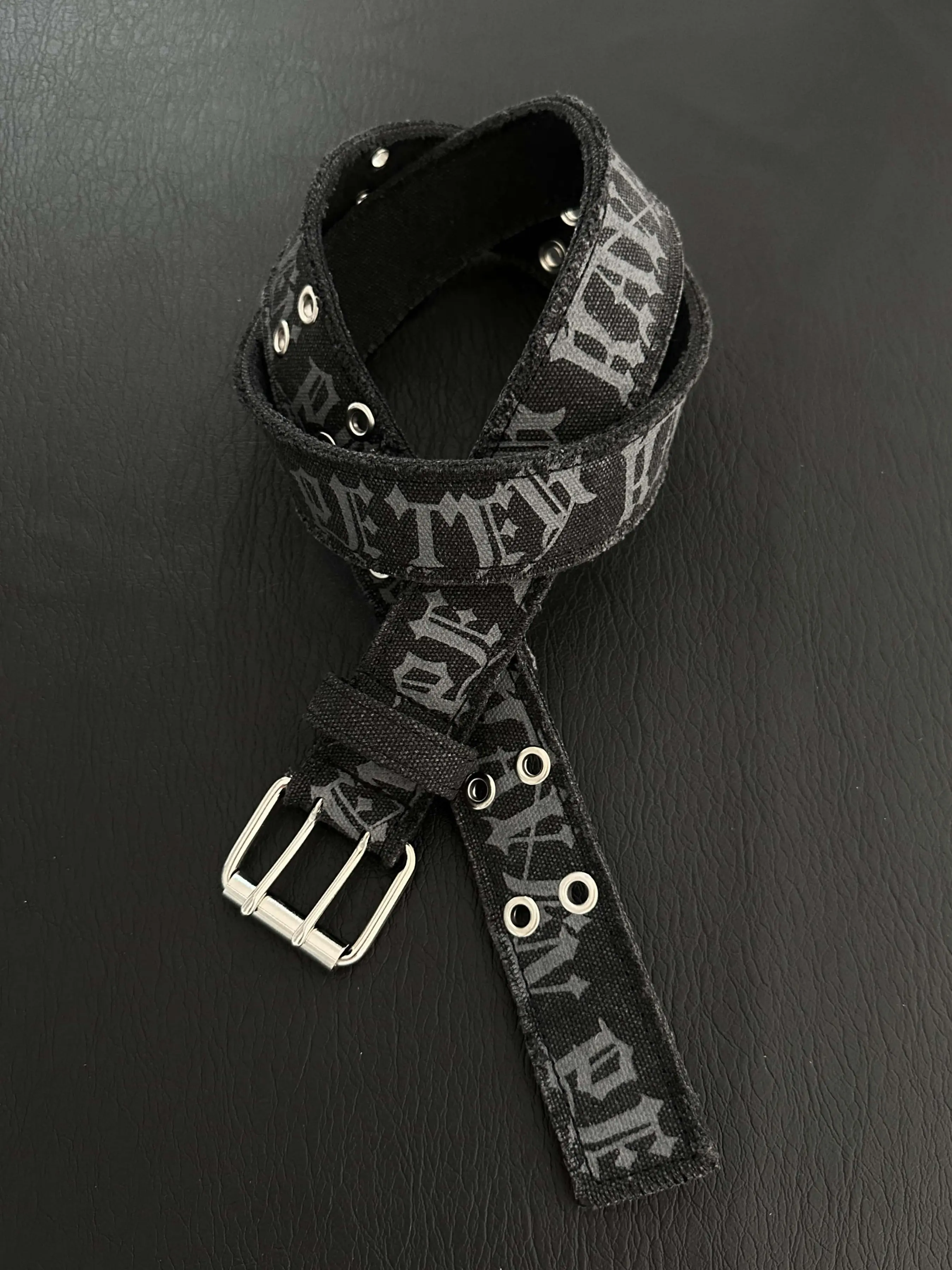 "Destroyed Denim" Punk Style Alphabet Printed Canvas Belt, Gothic Font Leather Belt, Unisex Niche Accessory, Durable Belts, Adjustable Belt, Punk Fashion Belt, Adjustable Waist Belt