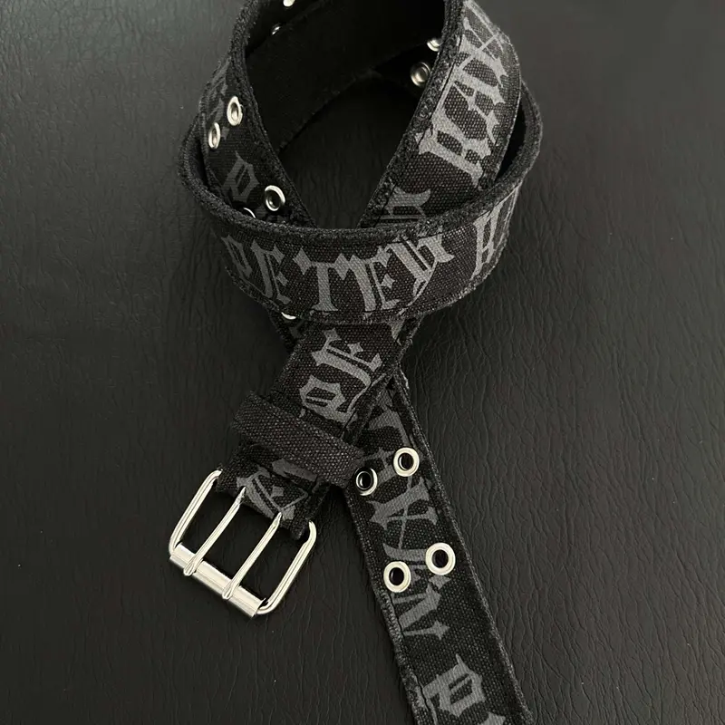 "Destroyed Denim" Punk Style Alphabet Printed Canvas Belt, Unisex Niche Accessory, Durable Belts, Adjustable Waist Belt, Punk Fashion Belt for Daily Wear