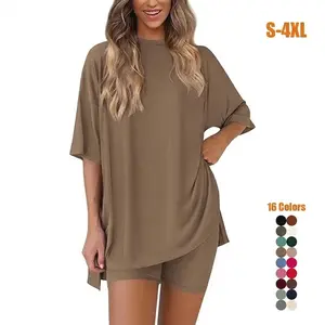 Two-Piece Set For Women Summer Casual Oversized Split Hem Shirts & Side Pocket Biker Shorts Minimalist Lounge Wear Soft Viscose Fabric Comfy Homewear Cozy Pjs