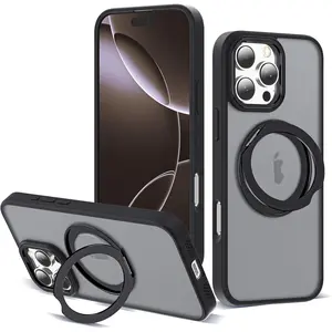 Phone cases for iPhone 17 Pro Max iPhone 16 15 14 13 Pro Max Plus with 360° Rotatable Magnetic Ring Stand Compatible with Mag-Safe Military Protection Matte Translucent Translucent Shockproof Protective Phone Case for iphone 17 Pro Max, Black