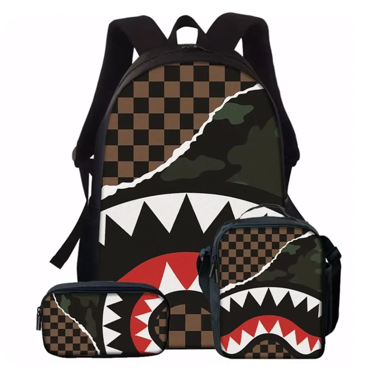 Cool Streetwear Shark Graffiti Art Student School Bag Set | 3Pcs Backpack Insulated Lunch Tote Pencil Pouch | Fun Back to School Gift