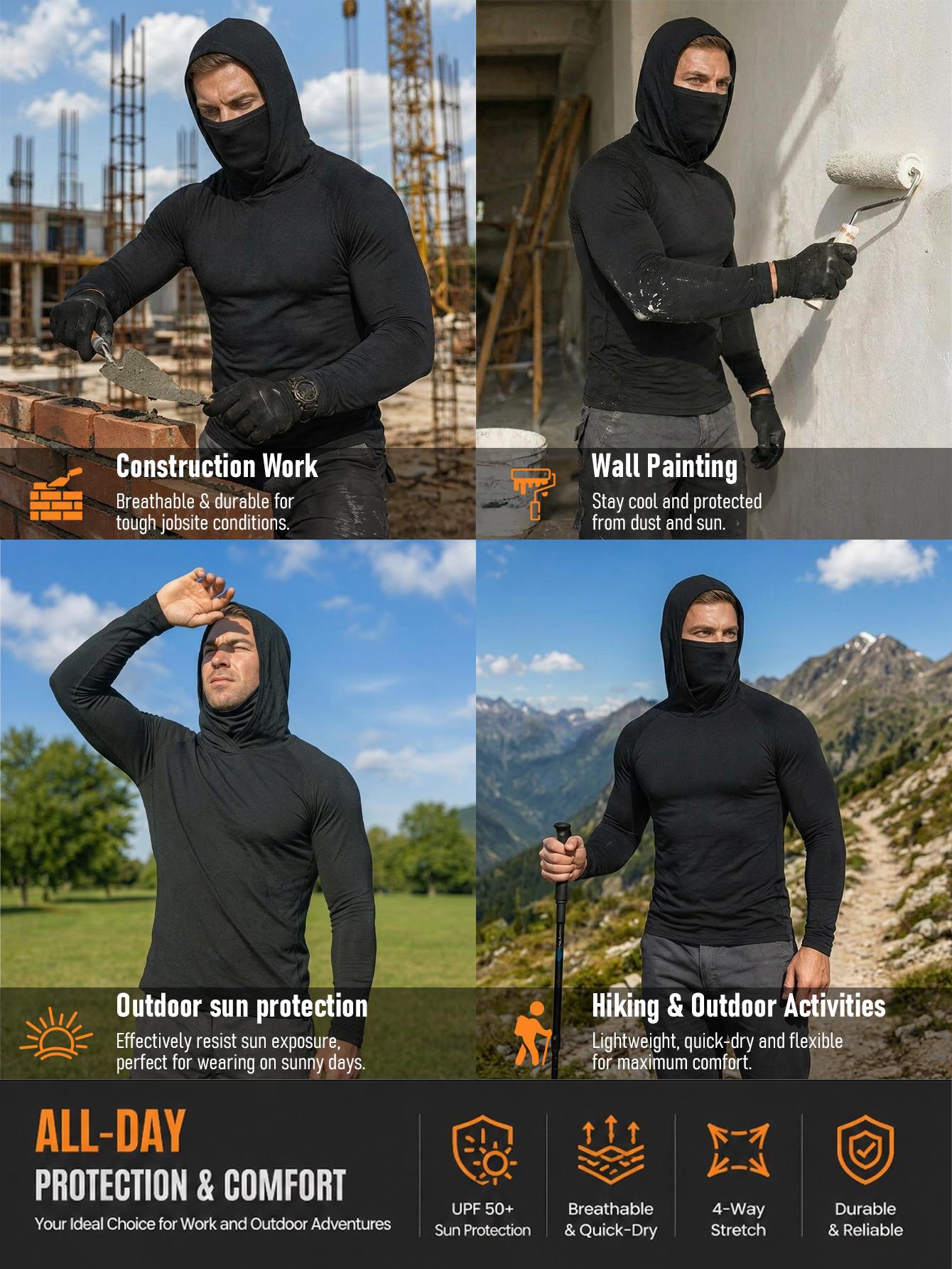 Men’s hooded sports tops available in sets of 6 or 3, featuring a mask design, high-stretch quick-dry fabric, sun protection and breathability—ideal for outdoor activities, fishing, and working outdoors in sunny conditions.
