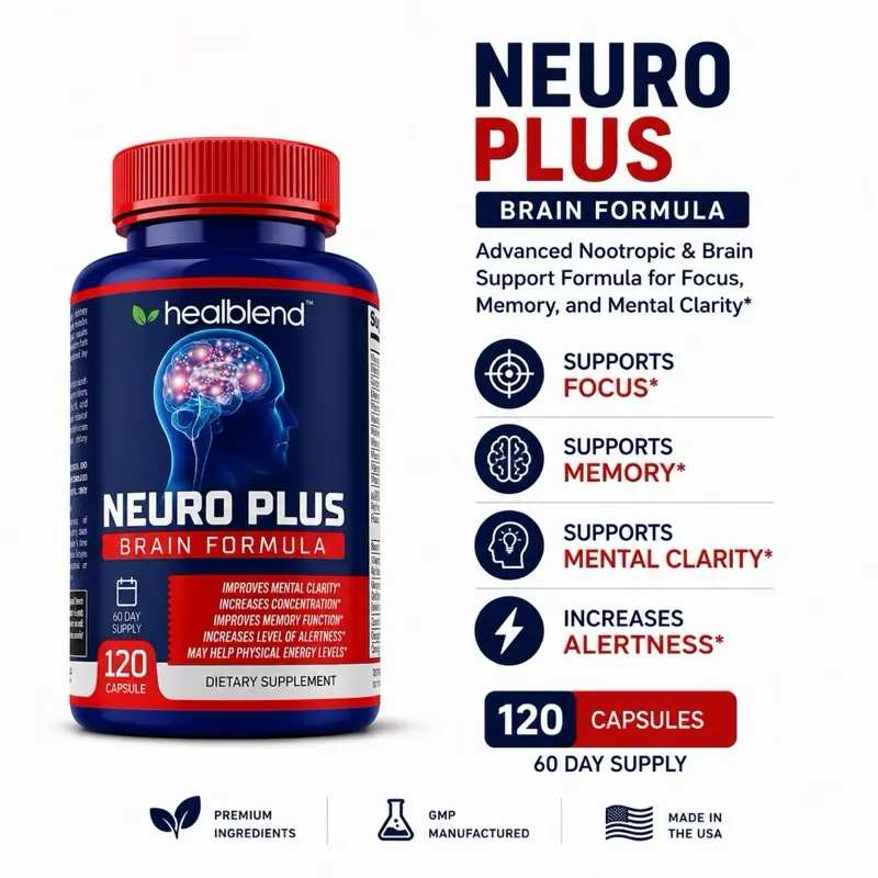 Neuro Plus Brain Supplement by Healblend – Nootropic Memory & Focus Booster for Mental Clarity, Mood & Energy Support – Cognitive Health for Men & Women – 120 Caps
