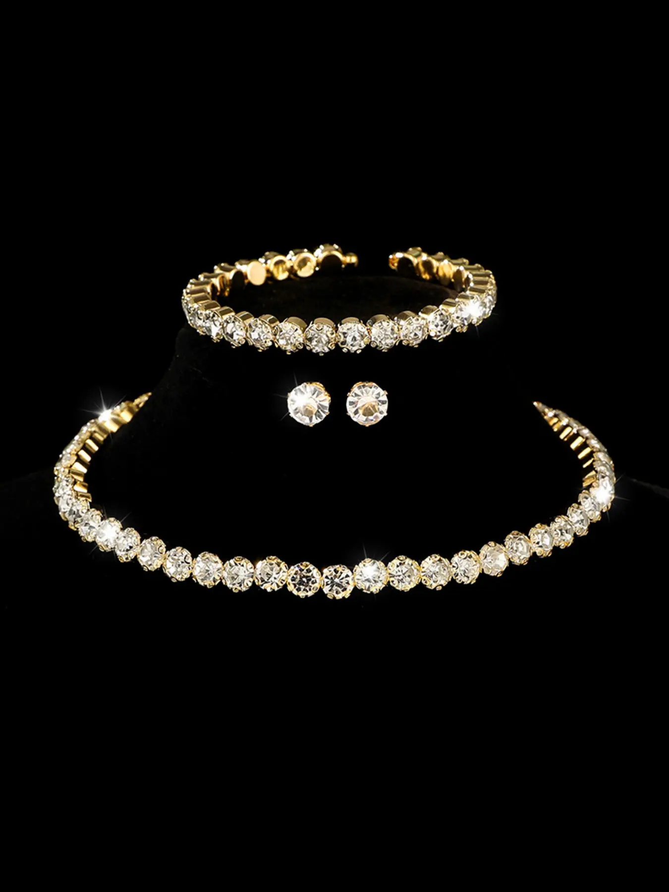 Four-piece Round Rhinestone Bracelet, Earrings & Necklace Set, Fashionable Jewelry Set, Elegant Style, Firmly Inlaid Rhinestones, Adjustable Chain Length, Perfect for Holiday Gifts, Daily Outfits, Suitable for Young Girls