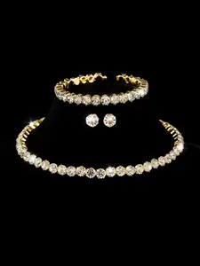 Four-piece Round Rhinestone Bracelet, Earrings & Necklace Set, Jewelry Set, Gentle Elegant Style, Firmly Inlaid Rhinestones/Adjustable Chain Length, Perfect for Holiday Gifts/Daily Outfits, Suitable for Young Girls Pursuing Elegant Temperament