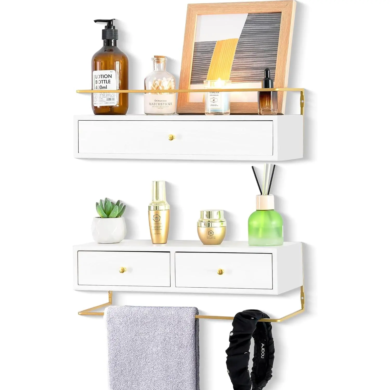Floating Shelves for Wall Storage, Wall Mounted Bathroom Shelf with Drawers Set of 2, Rustic  Floating Drawers for Living Room, Kitchen, Wall Decor, , Books, White