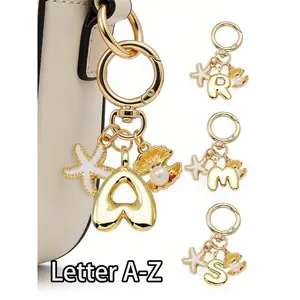 Cute Letter A-Z Keychain Pendant, Starfish and Ocean Pearl Shell, Shiny Metal Keychain, Personalized Bag Charm, Gift for Girls