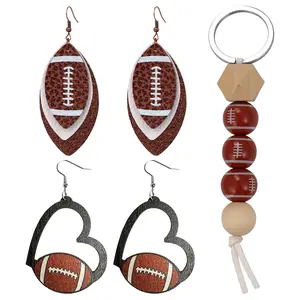 OIDEA Handmade Football Earrings for Women with Rugby Keychain, Wooden Sports Drop Dangle Earrings Set summerwins,summerwins