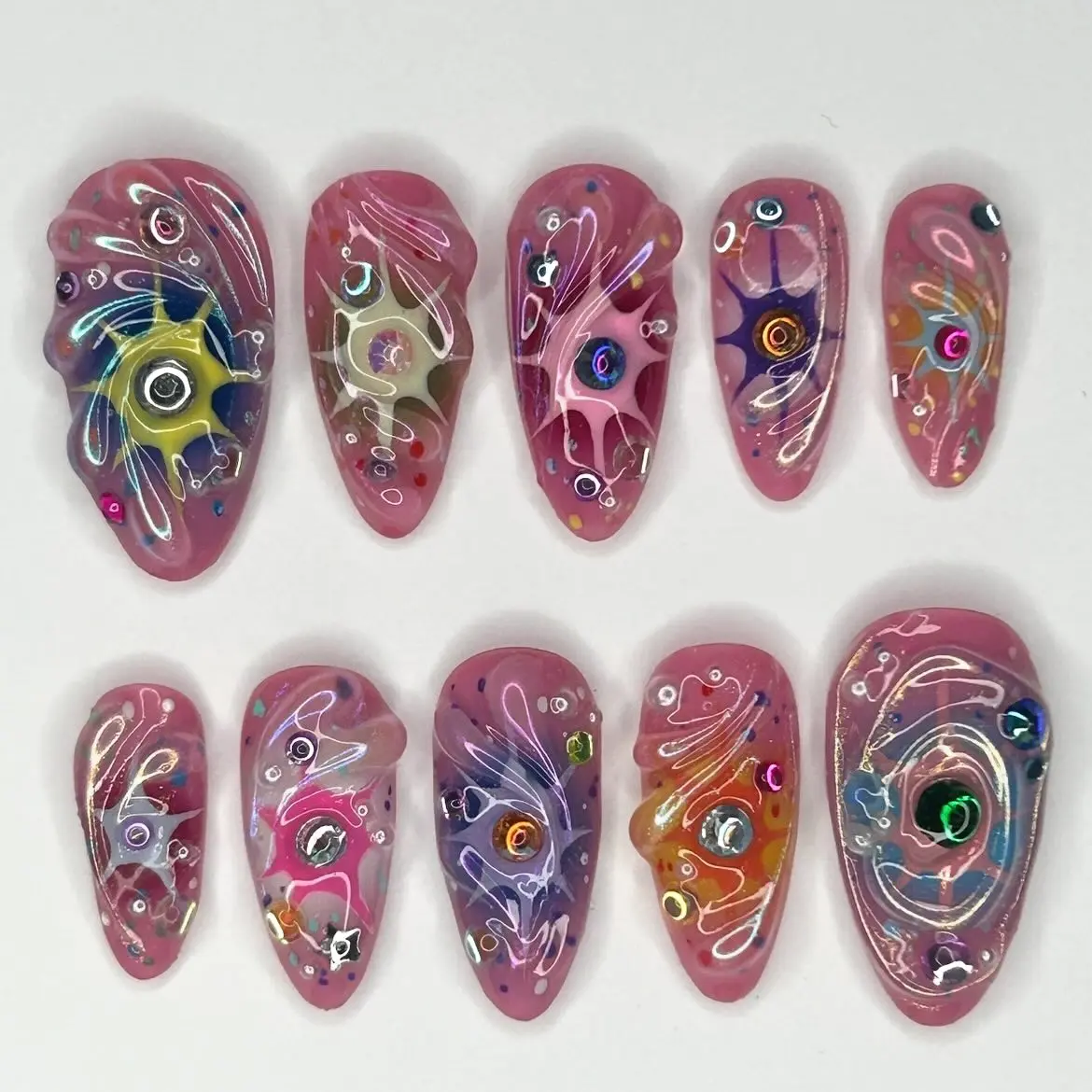 3D Galaxy Press On Nails, Pink Cosmic Jelly Nails, Eye Starburst Celestial Y2K Kawaii Fake Nails | Gift Set (Adhesive Tabs, Nail File, Cuticle Stick)