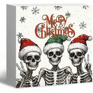 Gothic Christmas Decor, Funny Skeleton Santa Christmas Wooden Box Sign, FunnyChristmas Decorations, Santa Hat Wood Signs for Home Office Desk Shelf Table Decor, 5x5 Inch (White)