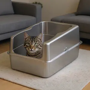 Extra Large Sifting Litter Box High Sided Top Entry Litter Pan Anti-Urine Leakage Top Exit Metal Cat Pan Stainless Steel for Big Cats Multiple Cat