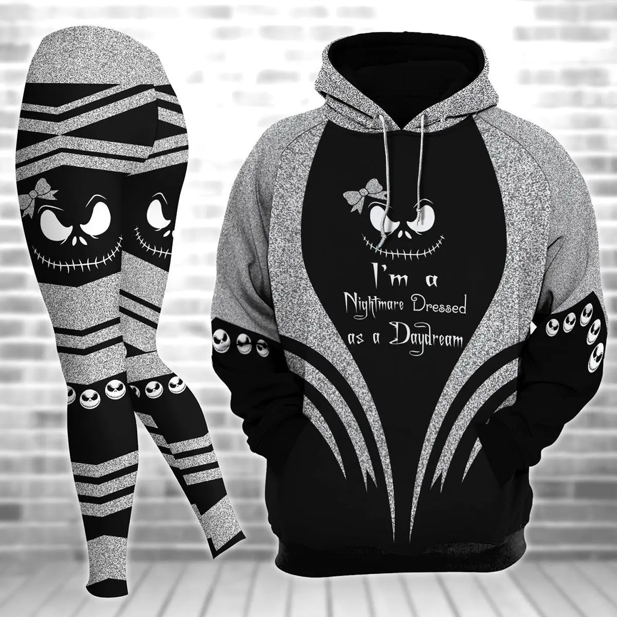 Cute Nightmare Women's Hoodie and Leggings Set | Gothic Jack Skull Hooded Sweatshirt & Matching Leggings | Halloween Graphic Pullover | Cozy Fall Winter Streetwear Outfit | Spooky Gift for Her