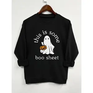 Women’s Halloween Ghost Print Pullover Sweatshirt, Casual Long Sleeve Fitted Top for Spring & Fall, Available in 9 Colors