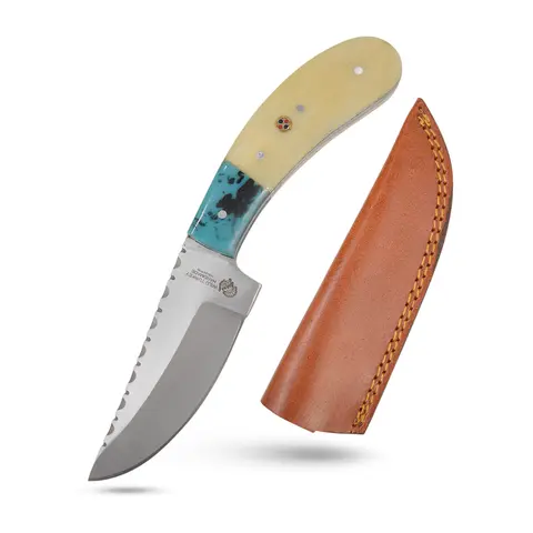 Wild Turkey WT-4034 Handmade Fixed Blade Camping Knife - 7.5" Length, 3.5" Stainless Steel Filework Skinner Blade, Bone & Resin Handle, Leather Sheath, Portable Knives, Survival Gear Equipment, Outdoor Tool for Carving, Sheath Carry Safe