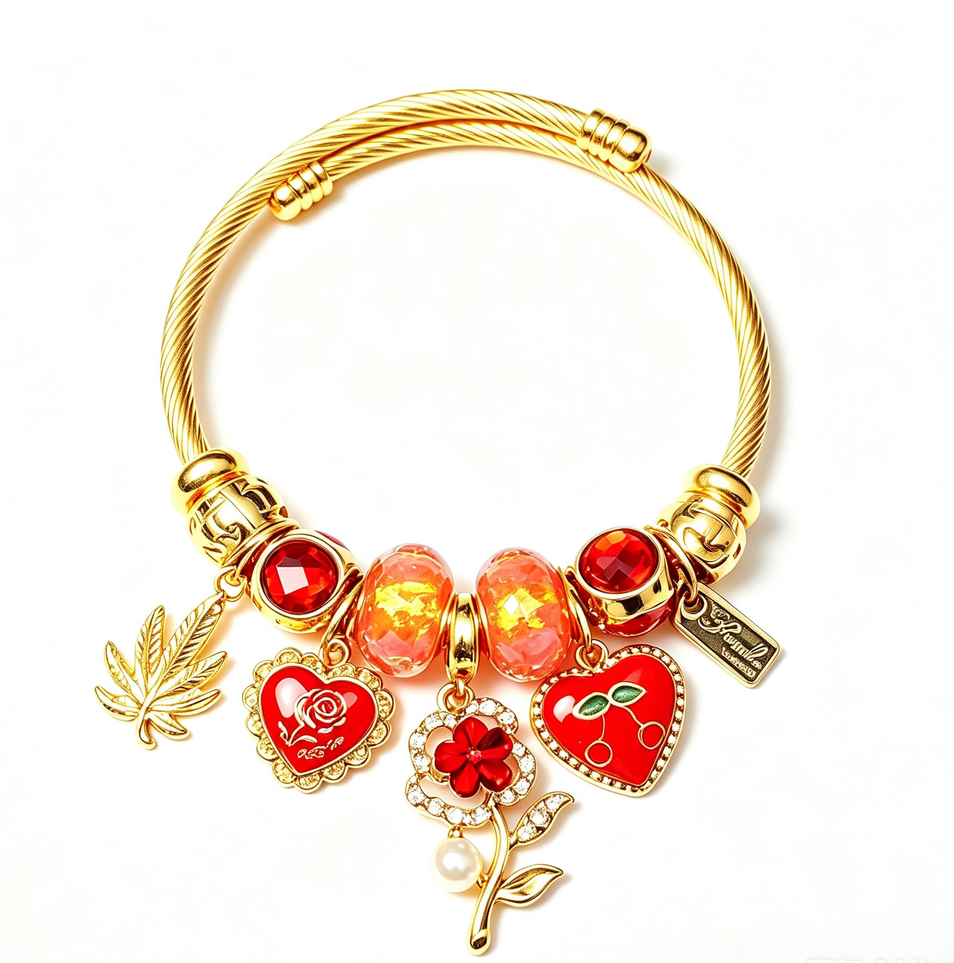 Charm Open Cuff Bangle Bracelet, Gold Twisted Wire Bracelet with Red Heart Cherry Rose Flower Charms, Dainty Adjustable Beaded Bracelet Jewelry Gift for Women Girls Charm Open Cuff Bangle Bracelet, Gold Twisted Wire Bracelet with Red Heart Cherry Rose Flower Charms, Dainty Adjustable Beaded Bracelet Jewelry Gift for Women Girls