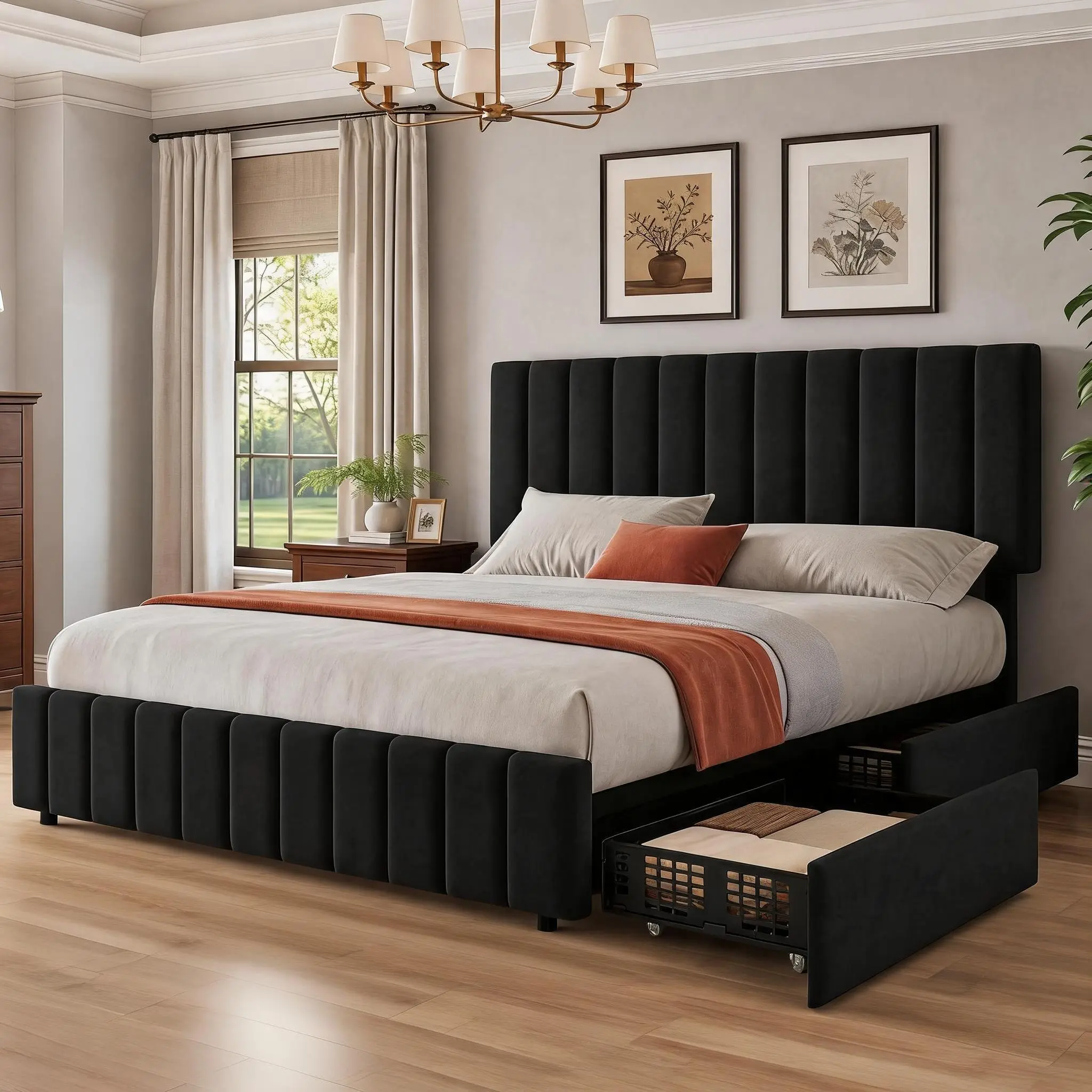 Full/Queen/King Size Bed Frame – Linen Upholstered Platform Bed Frame with Adjustable Height Headboard, 4 Storage Drawers,No Box Spring Needed, Easy Assembly