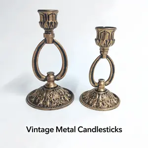 Vintage Metal Candlesticks Set, Candle Holder Set, Baroque or Victorian Style Decorative Home Accessories, Antique Copper Finish, Floral Relief Design, Flower Design