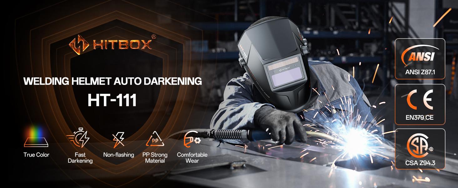 HITBOX HT-111 Unisex Industrial Auto Darkening Welding Helmet - 3.66"x1.69" Wide Vision True Color Screen, 4/9-13 Wide Shade, Solar Powered, Adjustable, Lightweight Flip-Up Shield, Blocks Harmful Rays for TIG Welding, MIG Grinding, 3.66" X 1.69"