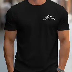 Men's Round Neck Shortsleeve Cotton Tee - 200g Combed Soft Sweat-Absorbent Fabric, Boxy Cut Casual T-Shirt, Digital Tropical Mountain Graphic, Hoodie-Inspired Menswear Top, Black, COD Available