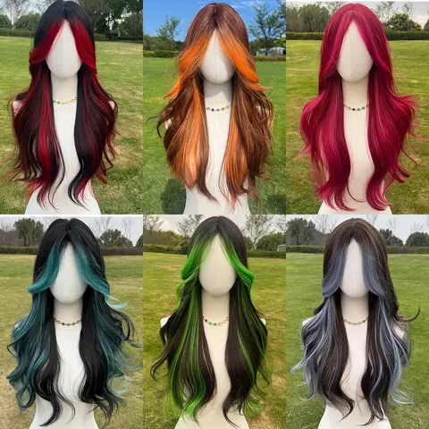 SMILCO/24-inch Brown Orange/Pink/Red/Blue Highlight Wavy Middle Part Hair Synthetic Full Machine Wigs  Adjustable Cap & Straps for Comfort Featival Gifts for Gf/SM5029