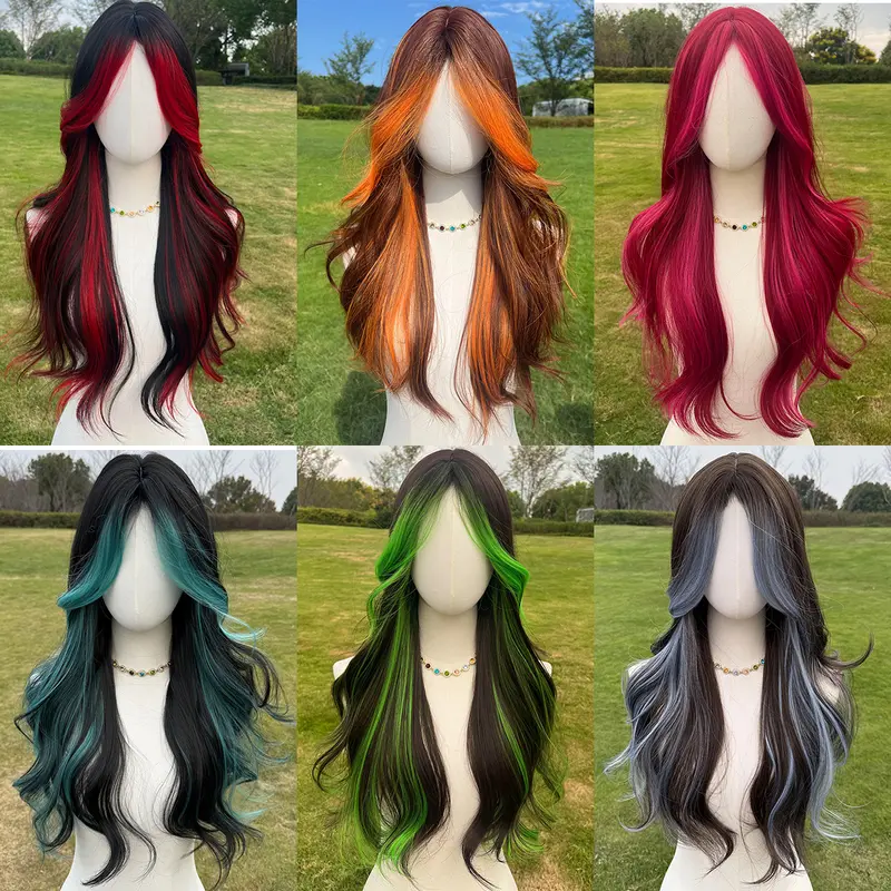 SMILCO/24-inch Brown Orange/Pink/Red/Blue Highlight Wavy Middle Part Hair Synthetic Full Machine Wigs Adjustable Cap & Straps for Comfort Featival Gifts for Gf/SM5029