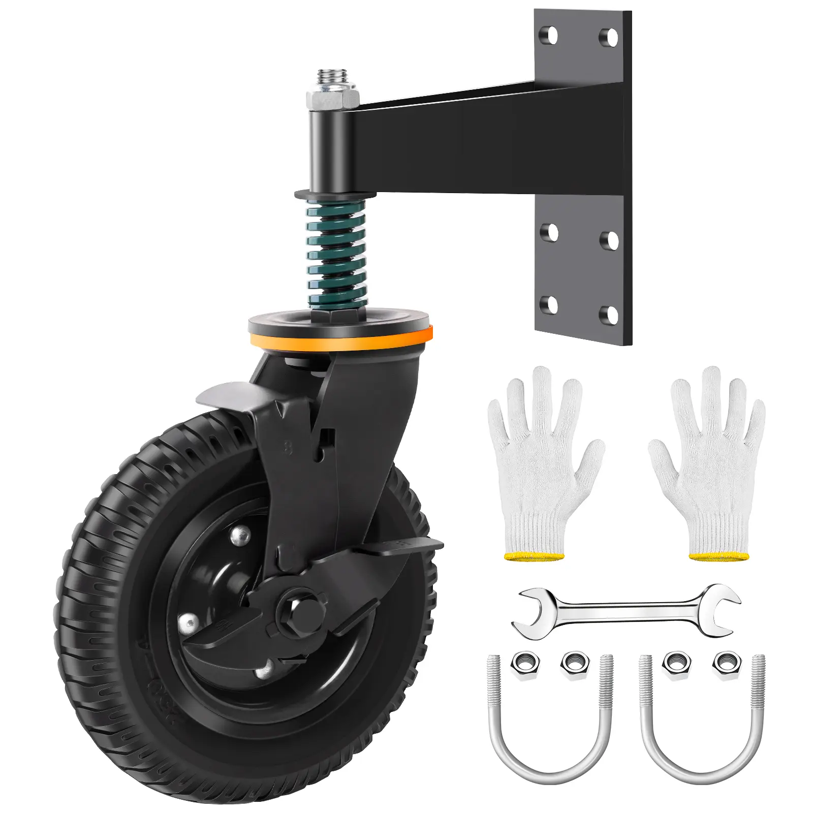 Gate Wheel 8 inch Fence Gate Wheels with Brake for Metal Tube Gate Swing Wooden Gate, Shock Absorbing Heavy Duty Caster 600lb Capacity, 360 Degree Swivel Spring-Loaded Gate Caster