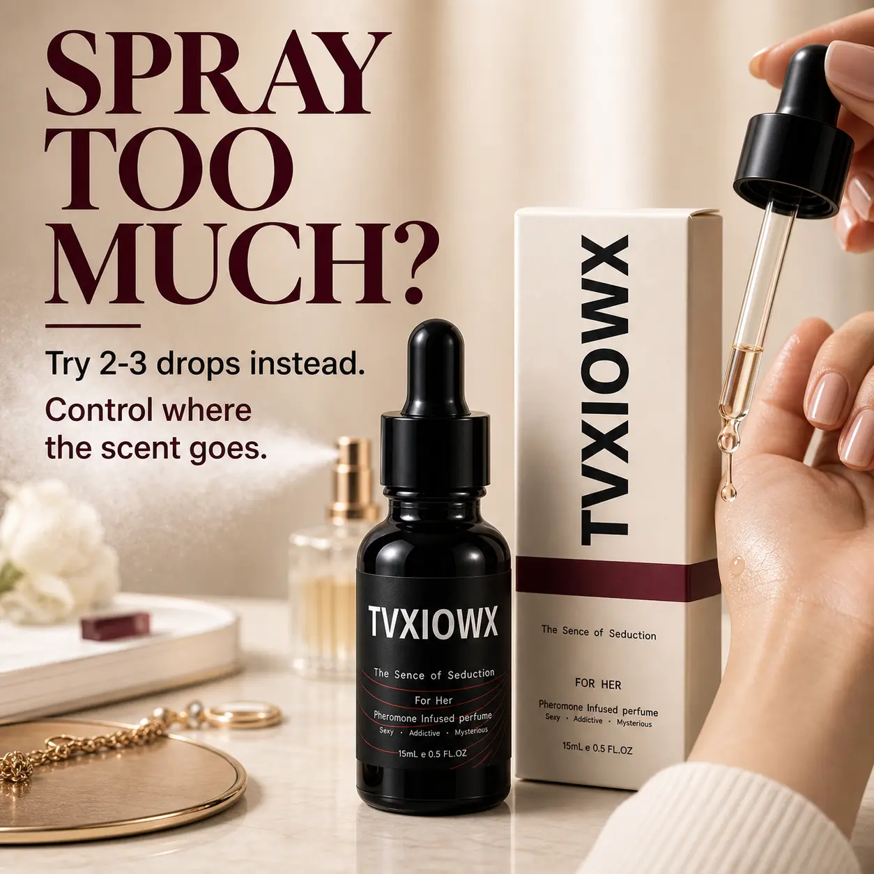 TVXIOWX Women's 15mL Perfume Oil - Before-You-Go Fragrance Ritual, Warm Musky Floral Amber Skin Scent, Precise Dropper for Targeted Close-Range Application Without Heavy Spray Cloud Gourmand Long-Lasting Vanilla Secret Crush Eau de Parfum
