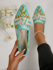 Women's Pointed Toe Flat Shoes, Camouflage Print, Bow Decor, Breathable Mesh, Slip-On, Casual Wear, All Seasons, Comfortable, Flats Shoes Women