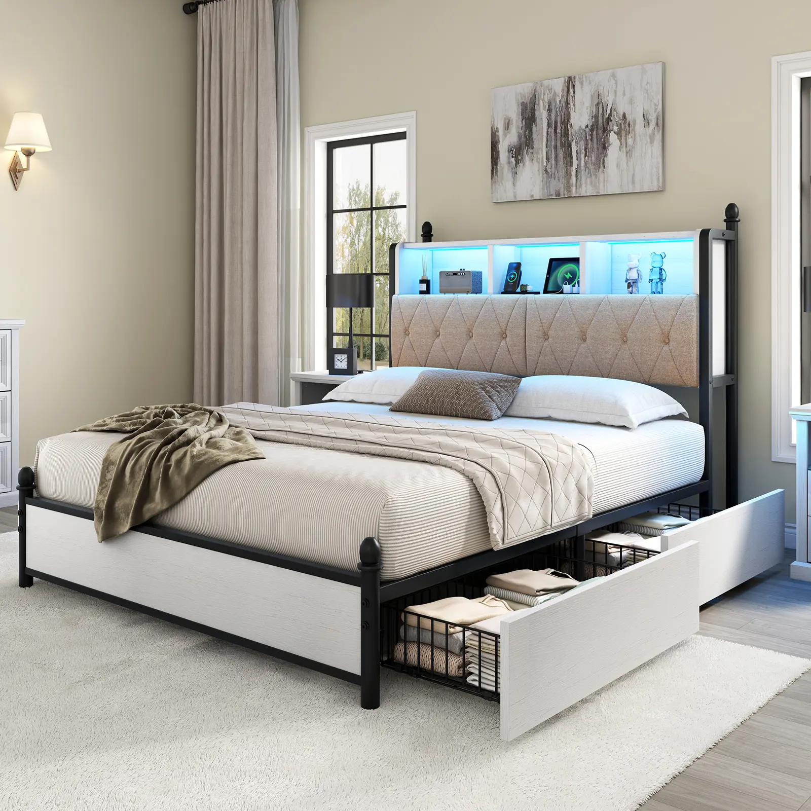 Amerlife King Size Bed Frame Set - Modern Wooden Headboard, 4 Hidden Drawers, Built-In Charging Station & Shelf Space, LED Accents, No Box Spring Needed, Ideal Christmas Gift (Large Scale LED Hidden Drawer Bed Frame), Led Bed Frames