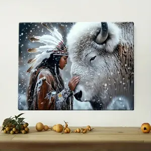 A 2D graphic design featuring an American Bison in a snowy scene. High-definition canvas decorative painting 11.8* 15.7inch (30* 40cm ) with wooden frame -- Modern home decoration, can be directly hung in the living room or bedroom