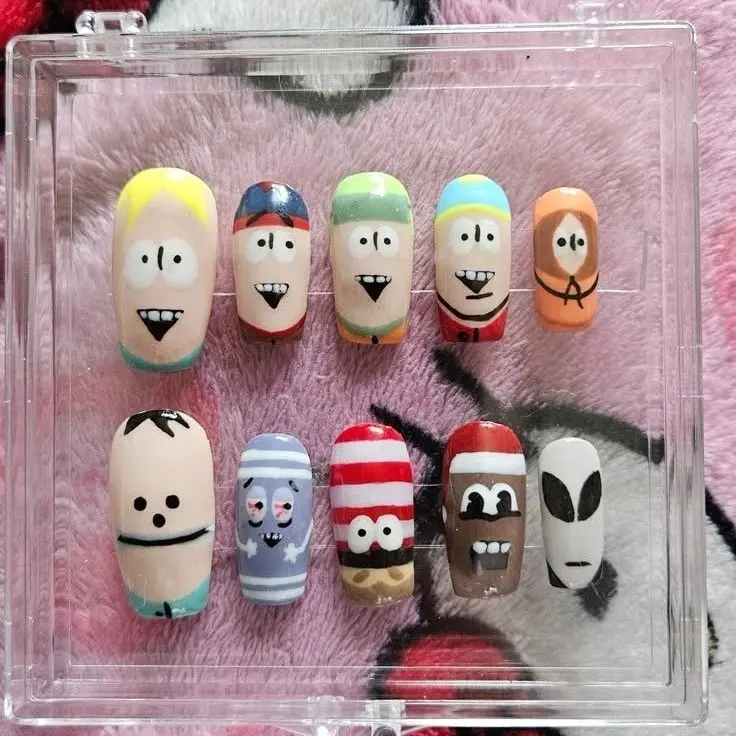 South Park Press On Nails, Cartman Stan Kyle Kenny Butters Character Nails, Hand Painted 3D Cartoon Anime Fake Nails | Gift Set (Adhesive Tabs, Nail File, Cuticle Stick)