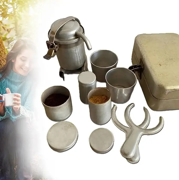 Extra Rare Vintage Camping Coffee Kit,Vintage Outdoor Coffee Pour Over Kit,Mini Portable Coffee Maker Set with Camp Pot Cups,Nostalgia Gift for Lovers Collector (1Set)