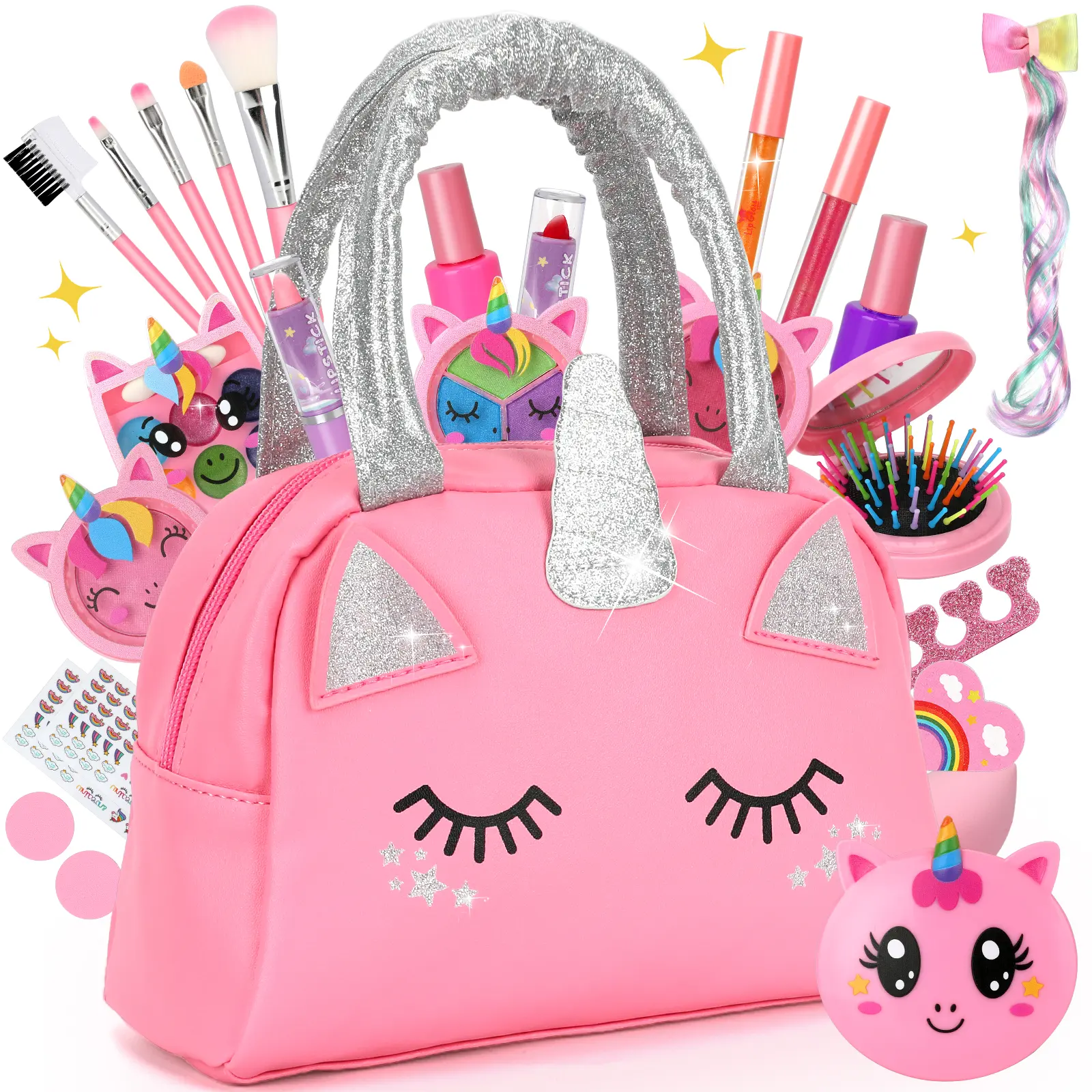 Kids Washable Makeup Kit with Unicorn Handbag - Real Pretend Play Cosmetics Set for Little Girls, Princess Dress Up Toys, Birthday Gifts for 3-12 Year Old