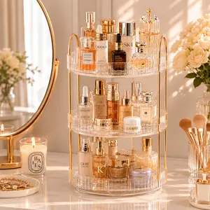 Premium 3-Tier Makeup Organizer with Gold Frame, Clear Vanity Storage Rack for Skincare, Perfume & Cosmetic Display