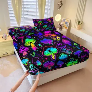 Trendy Neon Mushroom Print Fitted Sheet Set, Includes One Bedspread and Two Pillowcases,  Hipster's Essential Personality Bedroom Non-slip Fixed Bedcap, Suitable for Multi-size Mattress, All Seasons Use