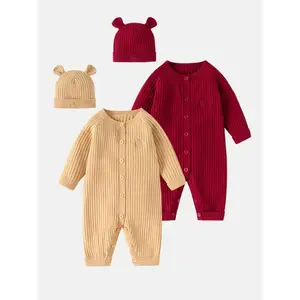 1pc Baby Boys Solid Color Jumpsuit, Soft & Plush, Cute Casual Style, Suitable For Autumn/Winter Outdoor Play, Vacation And Daily Wear Red Baby Jumpsuit