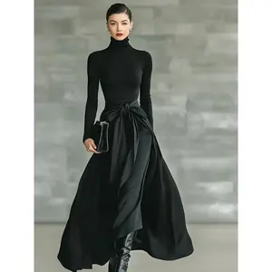 Elegant high-neck long-sleeve two-piece set | slim-fit belted skirt | party and gala dress | sophisticated office style